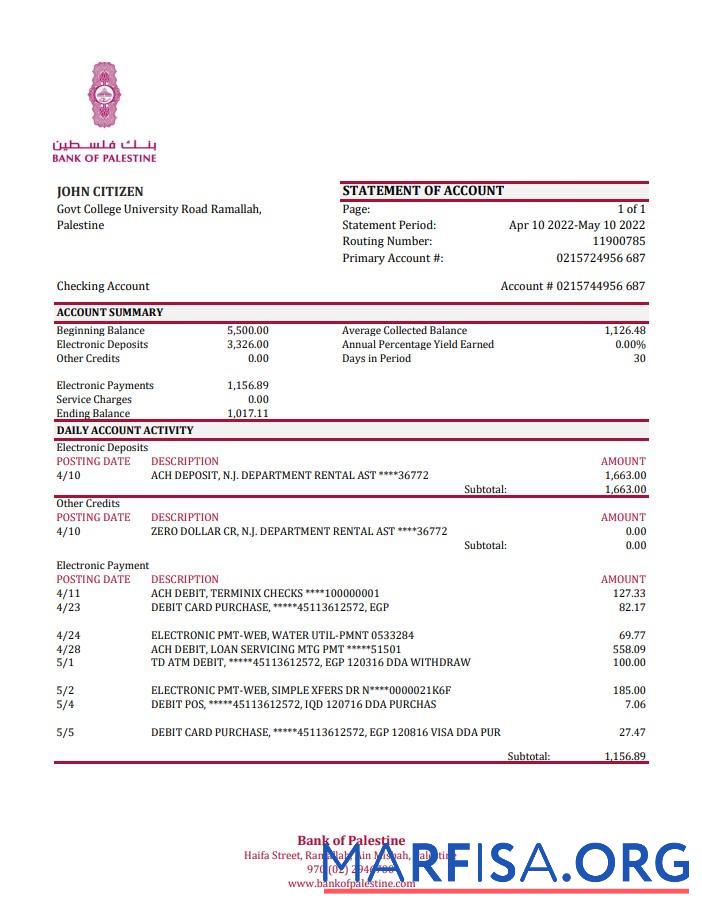 Printable Palestine Bank of Palestine bank statement excel template